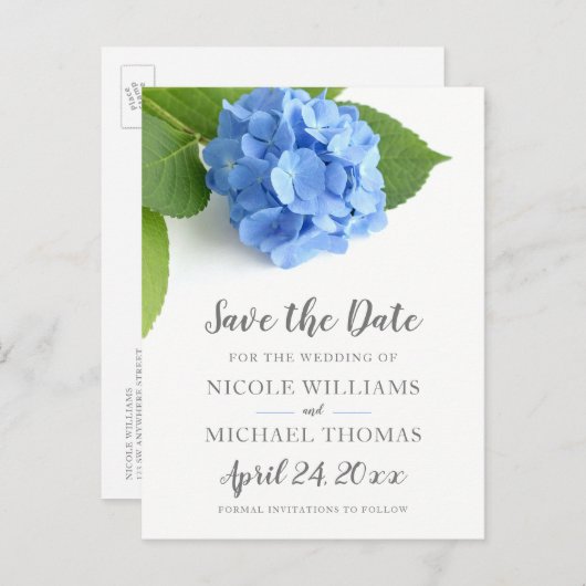 Blue Hydrangea Floral Save the Date Aankondigingskaart (Voorkant / Achterkant)