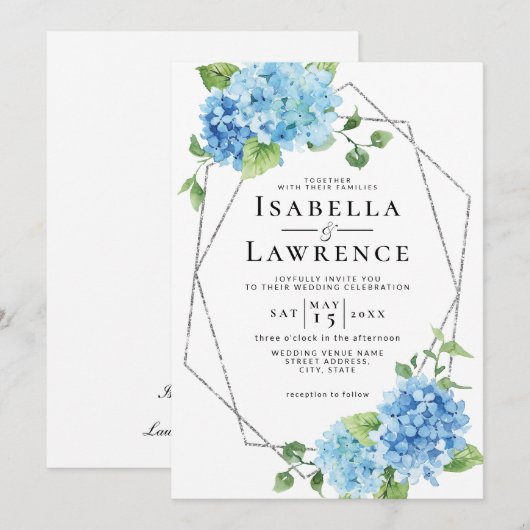Blue Hydrangea Floral Silver Elegant Wedding Kaart (Voorkant / Achterkant)