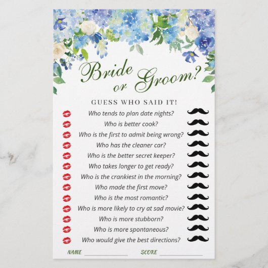 Blue Hydrangea Floral Vrijgezellenfeest Game (Voorkant)