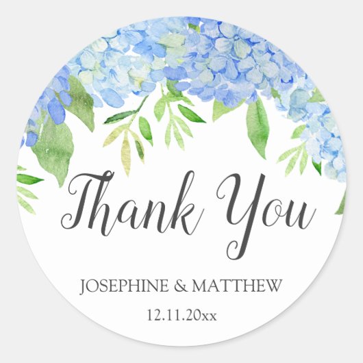 Blue Hydrangea Floral Waterverf Wedding Dank je Ronde Sticker (Voorkant)