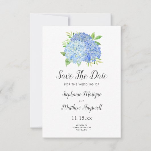 Blue Hydrangea Floral Waterverf Wedding Save The Date (Voorkant)