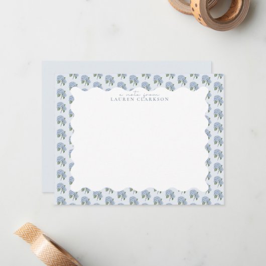 Blue Hydrangea Floral Wavy Border Note Card Notitiekaartje (Voorkant / Achterkant in situ)
