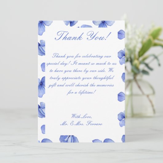 Blue Hydrangea Floral Wedding Bedankkaart (Staand voorkant)