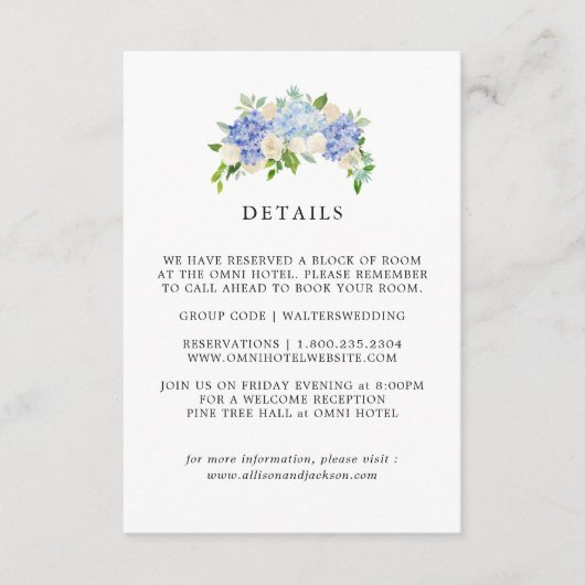 Blue Hydrangea Floral Wedding Details Kaarten (Voorkant)