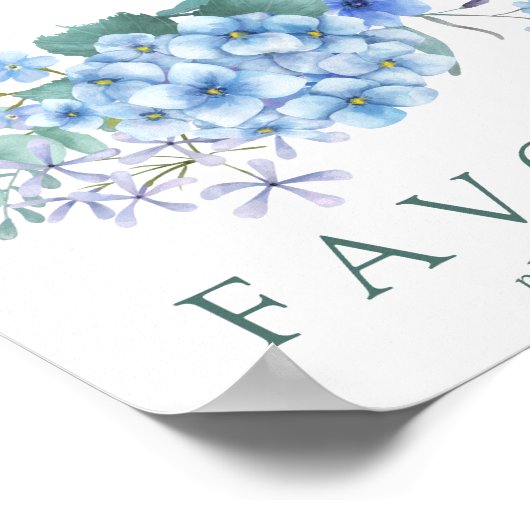 Blue Hydrangea Floral Wedding Favor Sign Poster (Hoek)