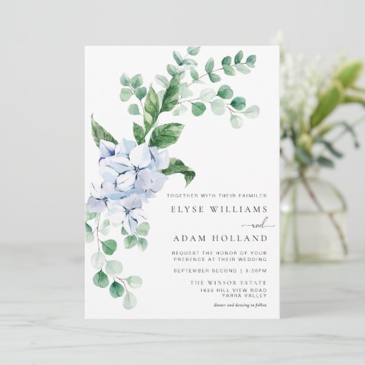 Blue Hydrangea Floral Wedding Invitation Kaart (Staand voorkant)