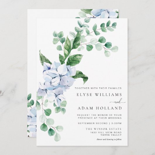 Blue Hydrangea Floral Wedding Invitation Kaart (Voorkant / Achterkant)