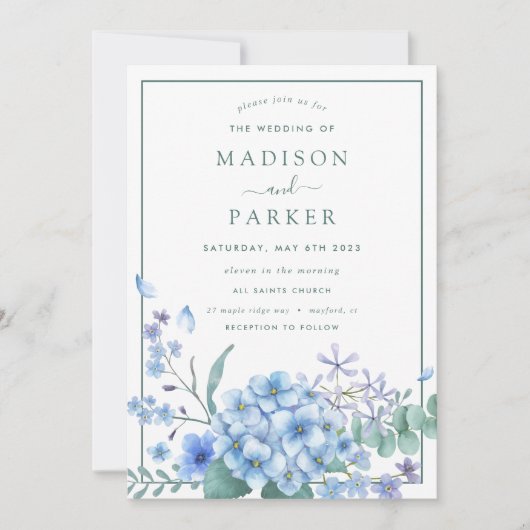 Blue Hydrangea Floral Wedding Kaart (Voorkant)