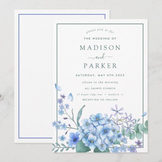 Blue Hydrangea Floral Wedding Kaart (Voorkant / Achterkant)