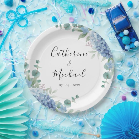 Blue Hydrangea Floral Wedding  Papieren Bordje (Feest)