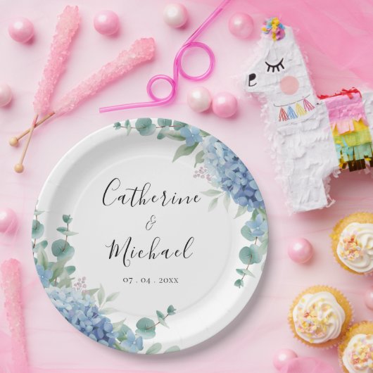 Blue Hydrangea Floral Wedding  Papieren Bordje (Feest)