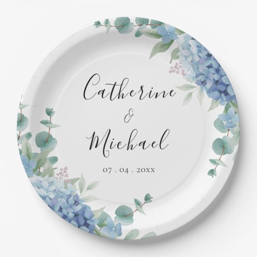 Blue Hydrangea Floral Wedding  Papieren Bordje (Voorkant)