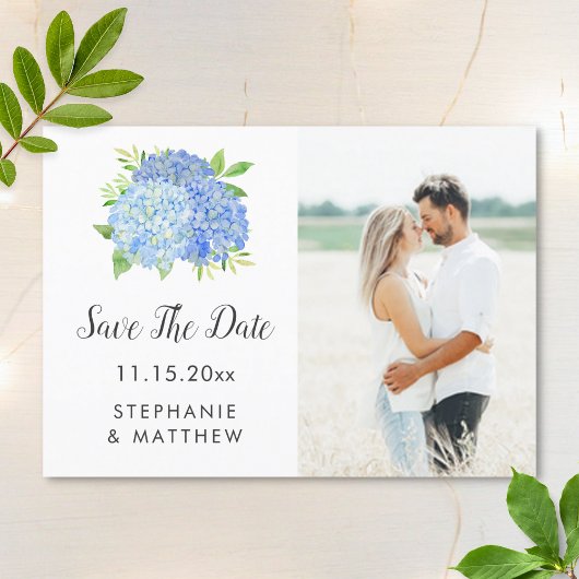 Blue Hydrangea Floral Wedding Photo Save the Date
