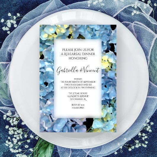 Blue Hydrangea Floral Wedding Rehearsal Dinner Kaart