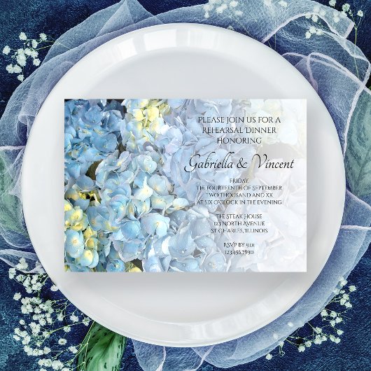 Blue Hydrangea Floral Wedding Rehearsal Dinner Kaart