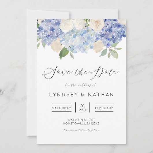 Blue Hydrangea Floral Wedding Save the Date Kaart (Voorkant)