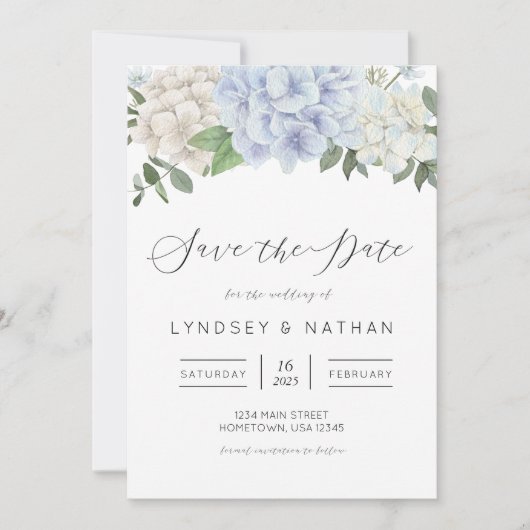 Blue Hydrangea Floral Wedding Save the Date Kaart (Voorkant)