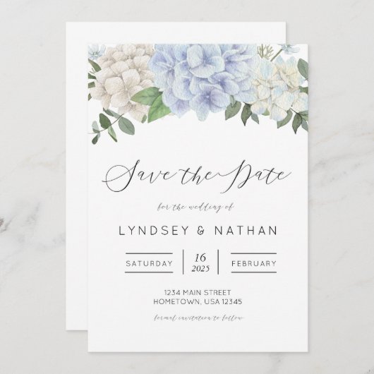 Blue Hydrangea Floral Wedding Save the Date Kaart (Voorkant / Achterkant)