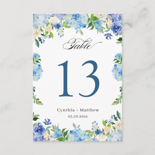Blue Hydrangea Floral Wedding Table Number Kaart (Voorkant)