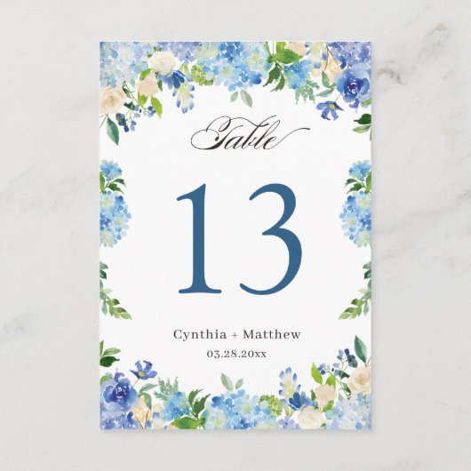 Blue Hydrangea Floral Wedding Table Number Kaart (Achterkant)