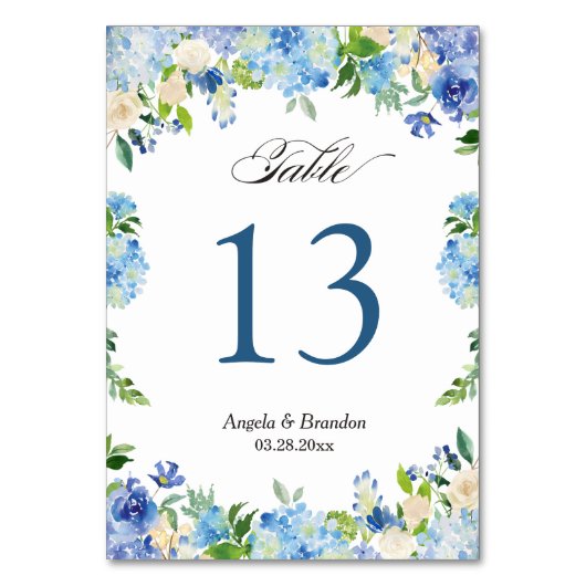 Blue Hydrangea Floral Wedding Table Number Kaart (Achterkant)