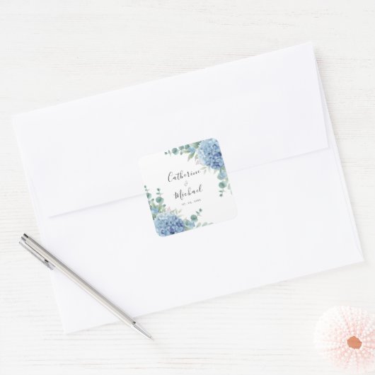 Blue Hydrangea Floral Wedding  Vierkante Sticker (Envelop)