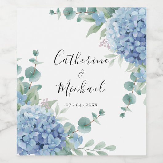 Blue Hydrangea Floral Wedding  Wijn Etiket (Enkel label)