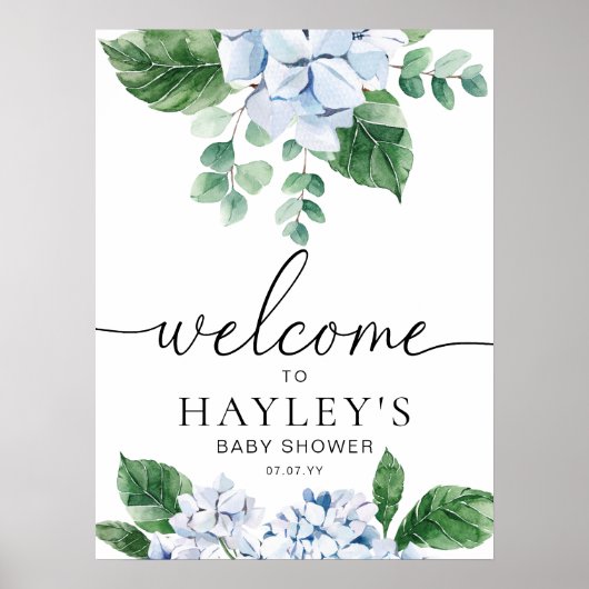 Blue Hydrangea Floral Welcome Sign Poster (Voorkant)