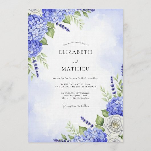 Blue Hydrangea Floral Whimsy Wedding Kaart (Voorkant)