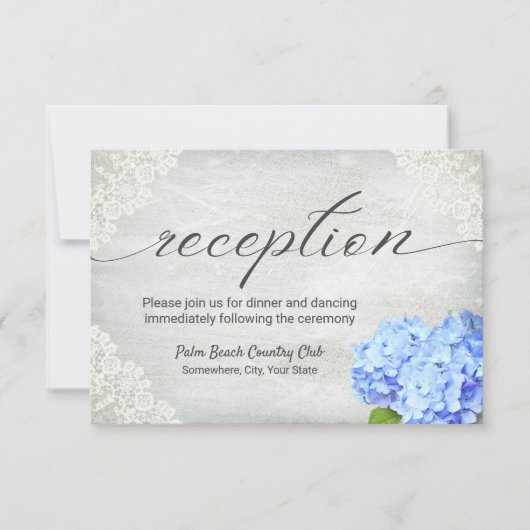  Blue Hydrangea Floral White Lace Reception Kaart (Voorkant)