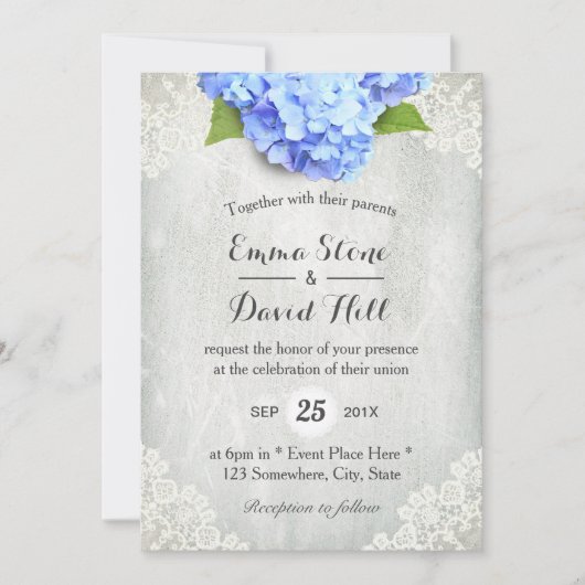  Blue Hydrangea Floral White Lace Wedding Kaart (Voorkant)