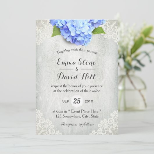  Blue Hydrangea Floral White Lace Wedding Kaart (Staand voorkant)