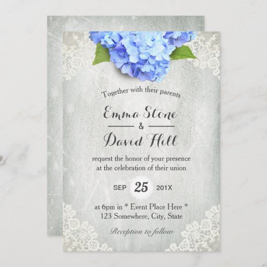  Blue Hydrangea Floral White Lace Wedding Kaart (Voorkant / Achterkant)