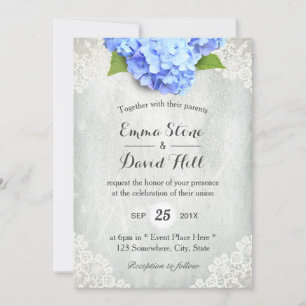 Blue Hydrangea Floral White Lace Wedding Kaart