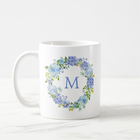 Blue Hydrangea Floral Wreath Monogram Koffie Mok (Links)