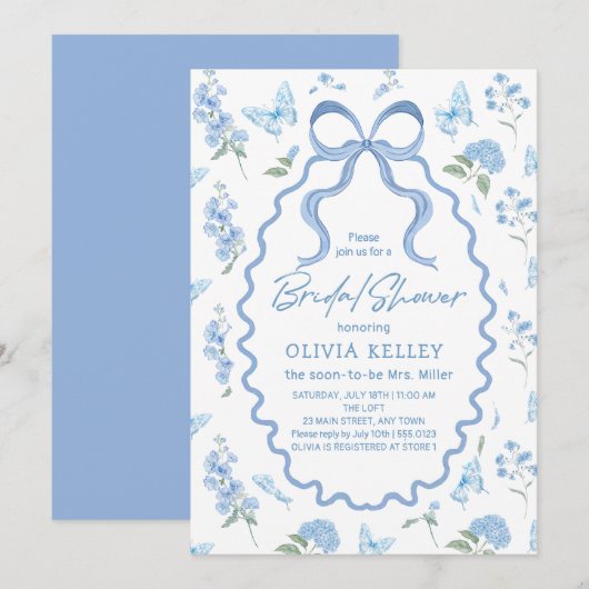 Blue Hydrangea Flower Bridal Shower Invitation Kaart (Voorkant / Achterkant)