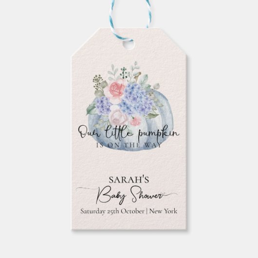 Blue Hydrangea Flower Pumpkin Herfst Baby shower Cadeaulabel (Voorkant)
