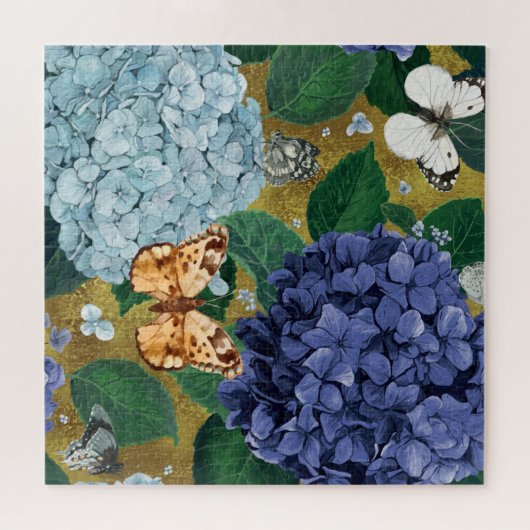 Blue Hydrangea Flowers and Butterfly Legpuzzel (Horizontaal)