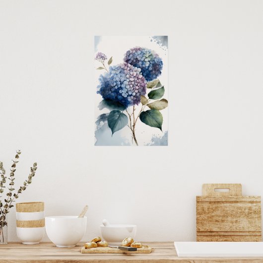 Blue Hydrangea Flowers Art Print Poster (Keuken)