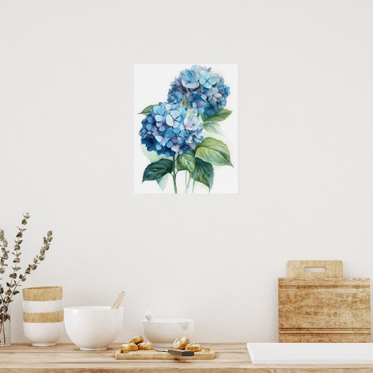 Blue Hydrangea Flowers Art Print Poster (Keuken)