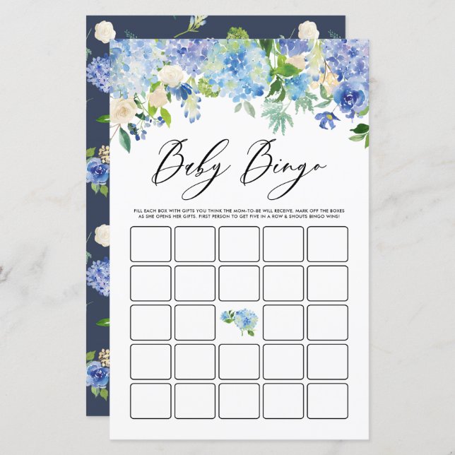 Blue Hydrangea Flowers Baby shower Bingo Game Kaar (Voorkant / Achterkant)