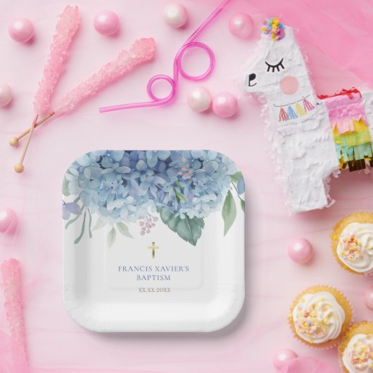 blue Hydrangea flowers Baptism Papieren Bordje (Feest)