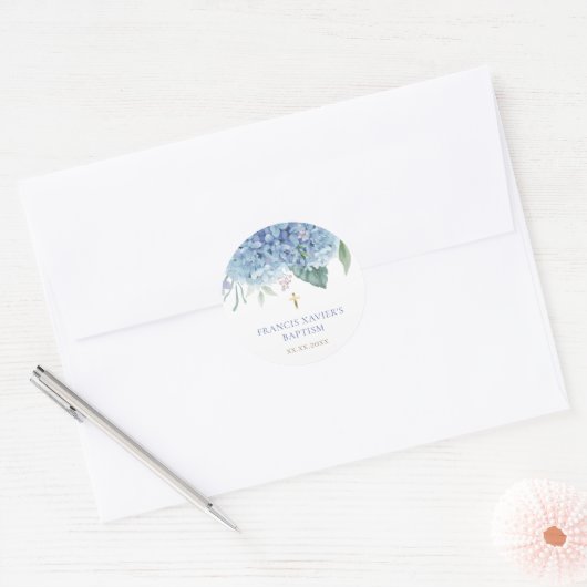 blue Hydrangea flowers Baptism Ronde Sticker (Envelop)