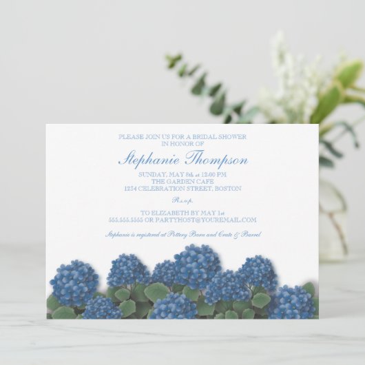 Blue Hydrangea Flowers Bridal Shower Invitation Kaart (Staand voorkant)