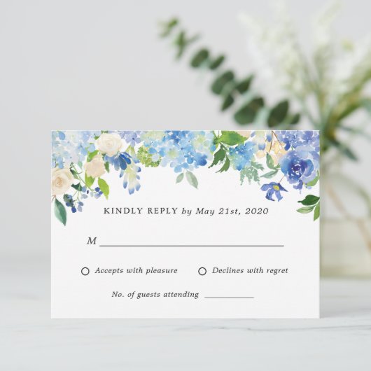 Blue Hydrangea Flowers Bruiloft RSVP antwoord Kaar (Staand voorkant)