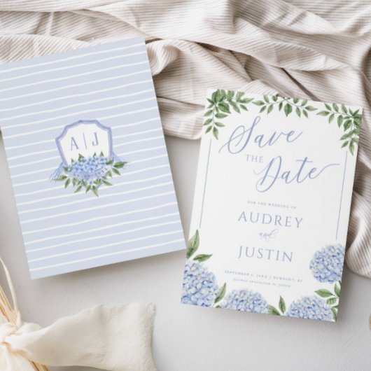 Blue Hydrangea Flowers Crest Save the Date Kaart