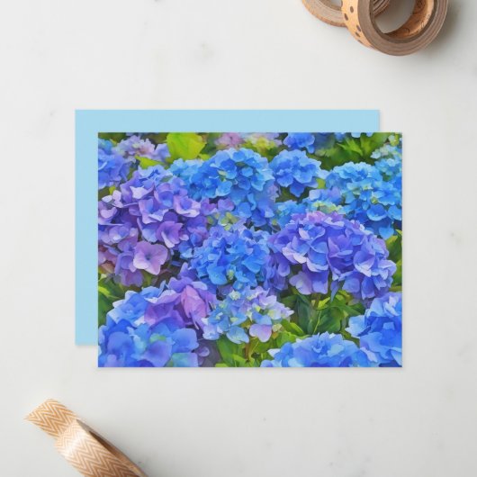 Blue Hydrangea Flowers Floral Art Note Card Set Notitiekaartje (Voorkant / Achterkant in situ)