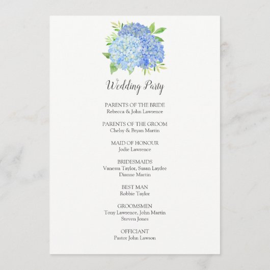 Blue Hydrangea Flowers Foliage Wedding Programmakaart (Achterkant)