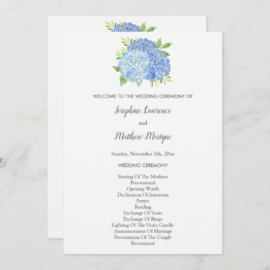 Blue Hydrangea Flowers Foliage Wedding Programmakaart (Voorkant / Achterkant)