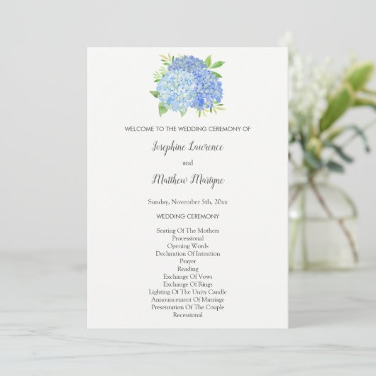 Blue Hydrangea Flowers Foliage Wedding Programmakaart (Staand voorkant)